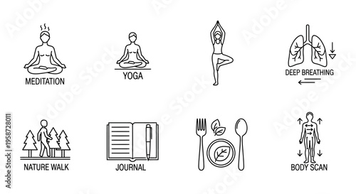 Wellness and Mindfulness Line Icons Set: Self-care, Meditation, Yoga, Deep Breathing, Nature Walk, Journaling, Healthy Eating, Body Scan