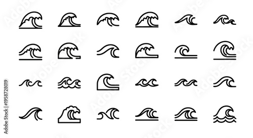 Ocean Waves Line Art Icons Set. Collection of Various Wave Outlines for Web Design, Water, Surf, Beach, or Nature Concepts.
