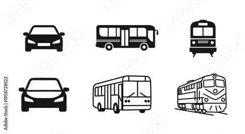 A diverse vector icon set illustrating various transportation modes, including car, bus, and train symbols in both solid and outline black styles.