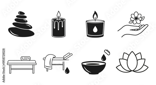 Spa and Wellness Vector Icons Set with Massage Tables, Zen Stones, Candles, and Lotus Flower for Relaxation Therapy