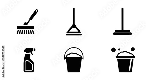 Cleaning Supplies Icons Set. Black Silhouettes of Household Cleaning Tools: Brush, Mops, Spray Bottle, and Buckets for Hygiene.