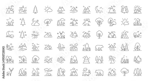 Nature and Landscape Line Icons Collection. Outline Vector Set with Mountains, Trees, Forest, Wildlife, and Outdoor Elements.