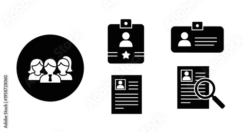 Human Resources and Business Icons Set: Team, Employee ID Badge, Resume, and Recruitment Search