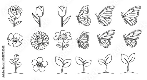 Line Art Illustrations Set: Hand-Drawn Outline Flowers, Butterflies, and Growing Sprouts. Botanical Vector Doodles for Nature & Spring