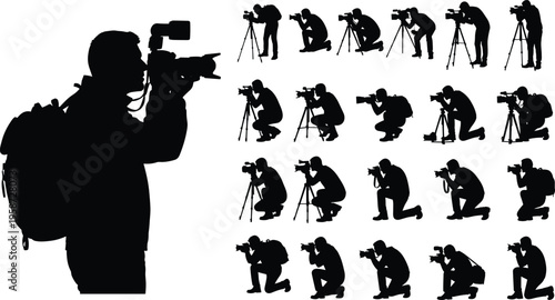 Photographer silhouettes set, camera operators shooting in different poses, professional photography collection, isolated black figures, media and creative work concept