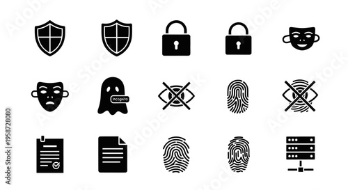 Digital Security and Data Privacy Vector Icons. Cybersecurity, Identity Protection, Information Access, and Online Confidentiality Symbols Set.