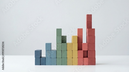 Colorful wooden blocks meticulously arranged into an ascending bar graph, vividly illustrating sustained growth, consistent progress, and successful strategic development within a dynamic market