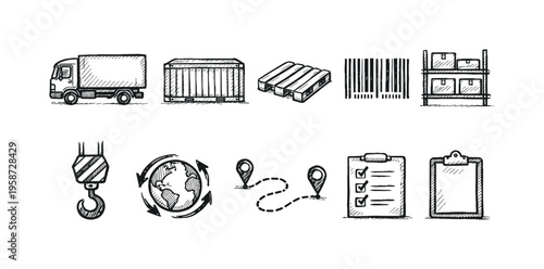 Logistics icon set for transportation, storage, and inventory management