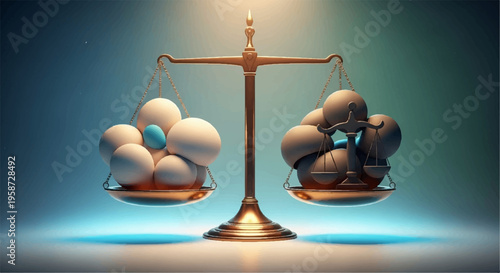 Whisk balance comparison with eggs and potatoes on golden scale