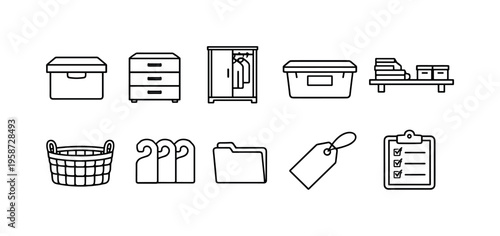 Collection of simple line icons representing home organization and storage solutions