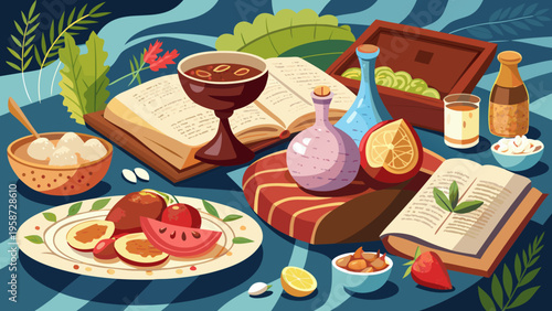 Vibrant Shabbat dinner, traditional Jewish meal, food and books, holiday table setting