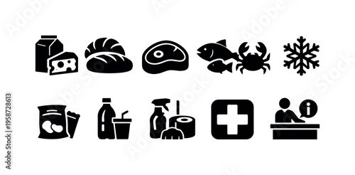 Collection of grocery store department icons including food, cleaning, and pharmacy items