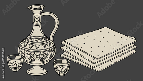 Matzo, traditional Jewish food, Passover symbols, matzo crackers, wine jug, cups, vector illustration