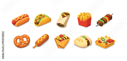 Collection of popular street food icons in a clean, isometric, cartoon style