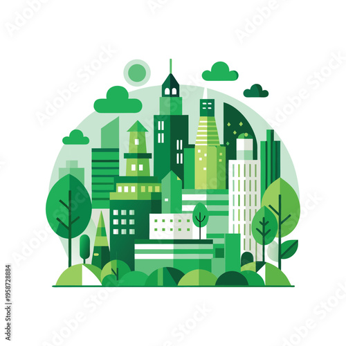 A stylized green cityscape with modern buildings trees and clouds under a circular archway