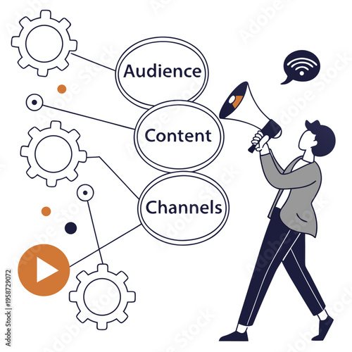 Man holding a megaphone next to content channels and audience