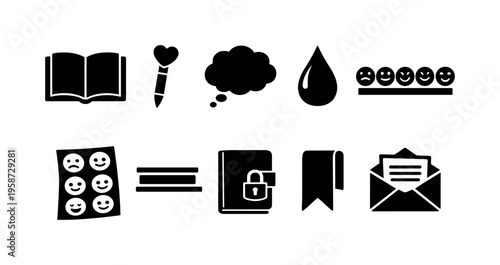 Emotions journaling icons representing thoughts, feelings, and personal reflection