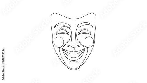 Stylized Line Drawing of a Smiling Comedy Mask with Artistic Expression.