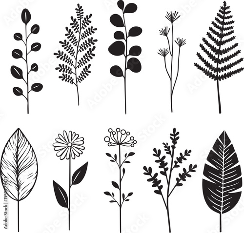 Hand Drawn Thin Floral Botanical Icons. Plants and Flowers Vector Set.