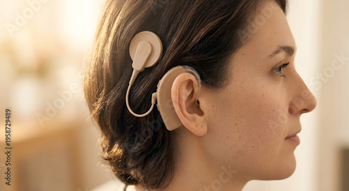 An adult woman wearing a cochlear implant processor behind her ear and a magnetic transmitter coil on her head looks forward in profile. Generative AI