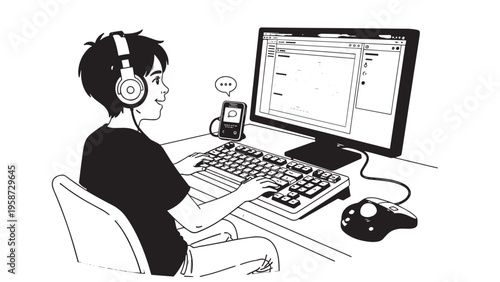 Person Working at Computer Desk with Headphones and Office Equipment.