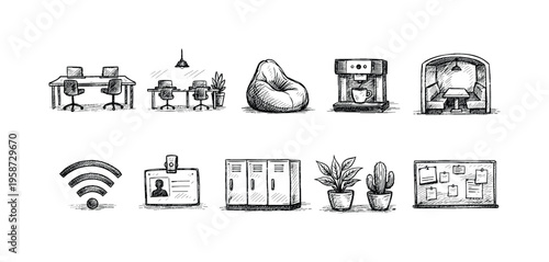 Hand-drawn icons representing elements of a modern coworking space environment