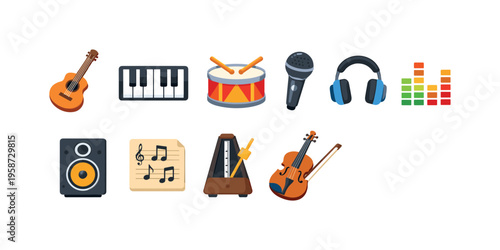 Collection of colorful music icons representing various instruments and audio equipment