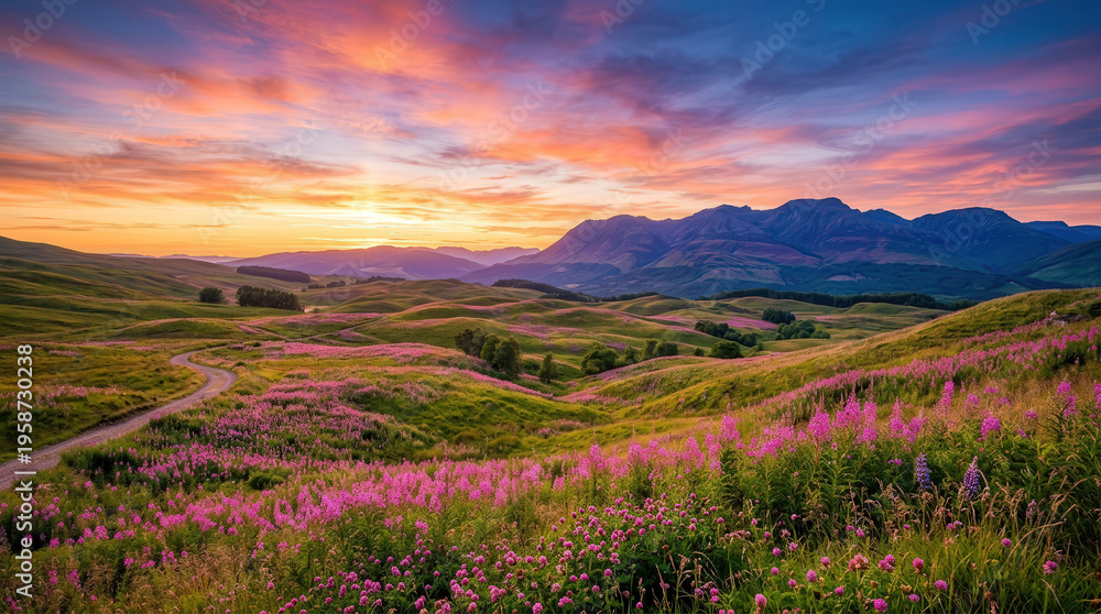 Obraz premium Scenic Panorama of Vibrant Wildflower Fields Under a Colorful Sunset Sky