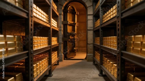 Medium shot presenting a glimpse of the secure corridor lined with heavy shelving loaded with gold bars main shelves in sharp clarity contrasted by softly blurred distant vault