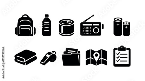 Collection of emergency preparedness icons including backpack, water, canned food, radio, batteries, and map