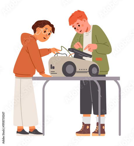 Pair of schoolkids working together on engineering project flat vector illustration isolated on white.