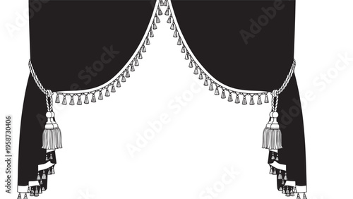 Elegant black curtain with decorative tassels and fringe detail for interior decor.