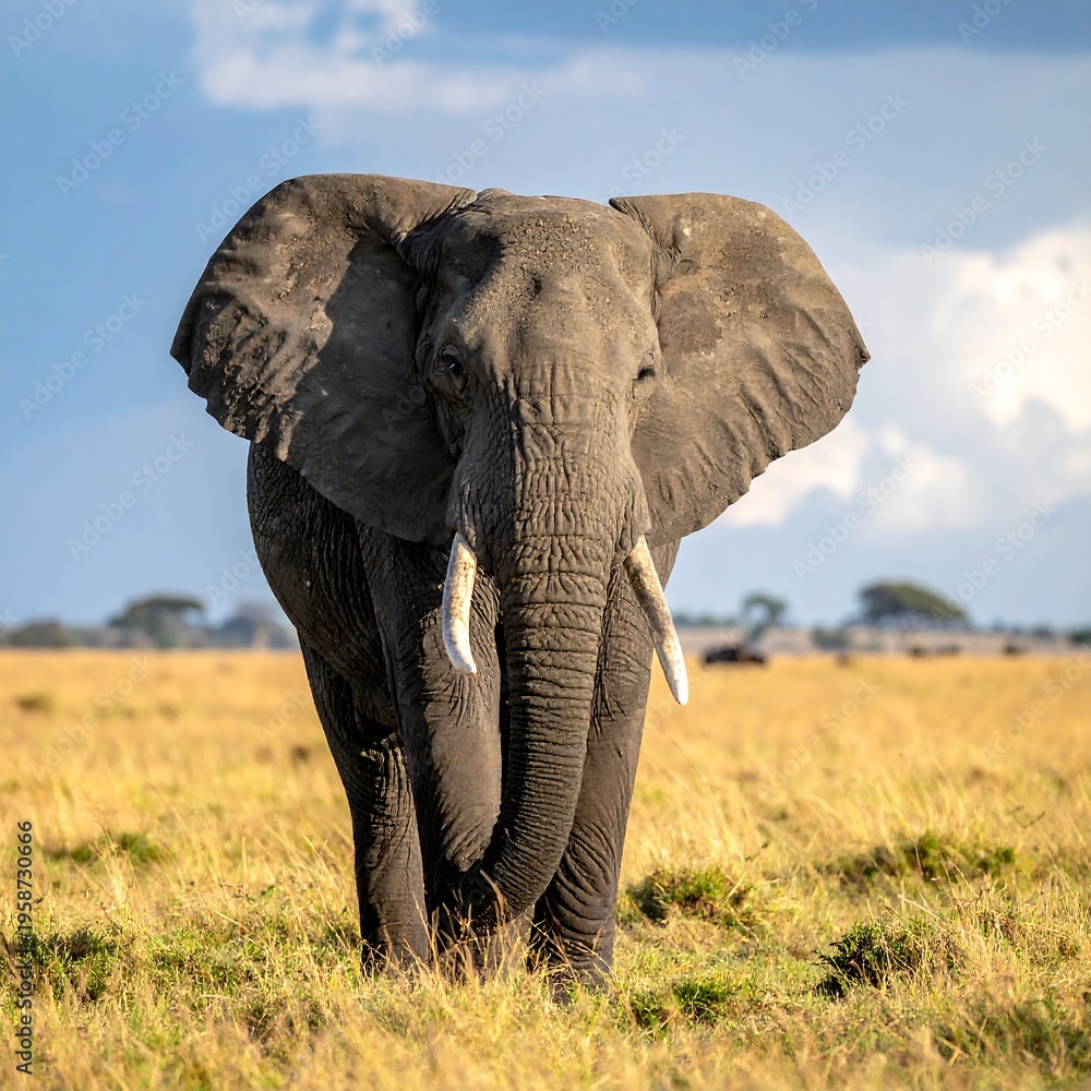 Fototapeta premium A frontal portrait showcases a majestic, gray-skinned mammal in a grassy field. It has large ears and tusks, with a blue sky in the background