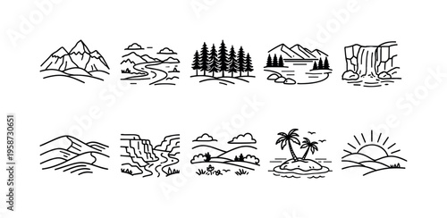 Collection of simple line art icons representing diverse natural landscapes and elements