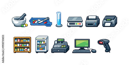 Pixel art icons representing pharmacy equipment and supplies for digital use
