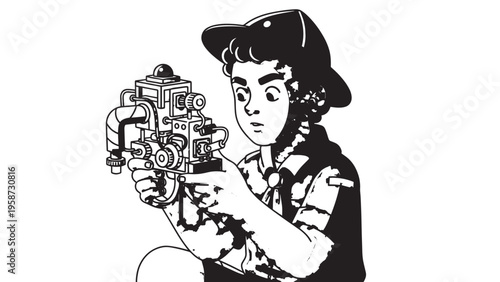 Vintage illustrated portrait of a woman photographer with a classic camera in black and white.