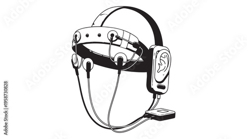 Monochrome line drawing of a headgear mounted device with straps and visor.