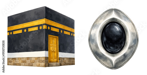 A beautiful collection of watercolor Islamic illustration featuring the Kaaba and the Hajar al Aswad Black Stone in a sacred religious style.