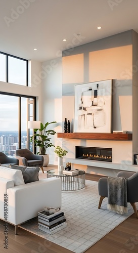 Bright and Airy Living Room with Modern Fireplace and Artwork.