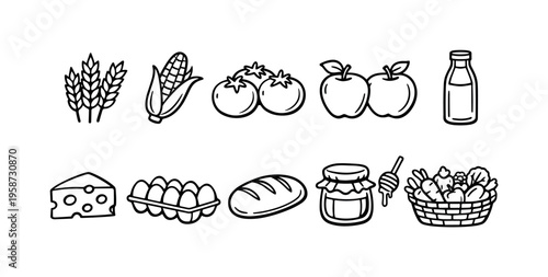 Collection of simple line art icons representing various farm fresh food items