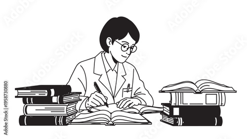 Focused Student Studying at Desk Surrounded by Books and Notebooks.