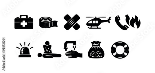 Collection of emergency and first aid icons representing medical help and safety services