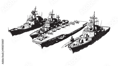 Illustration of a naval fleet with three warships sailing together at sea.