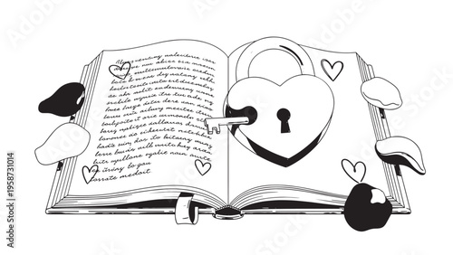Whimsical open notebook illustration with heart lock and hand-drawn doodles.