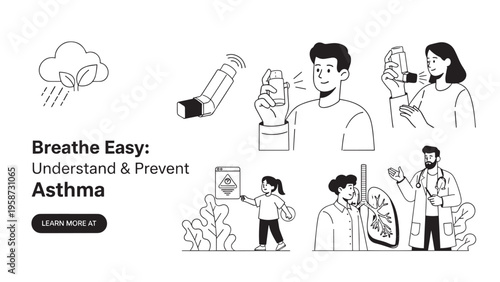 Poster Promoting Asthma Awareness, Breathing Techniques, and Inhaler Use for Better Health.