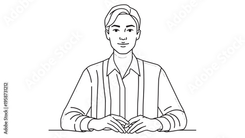 Sketch of a seated man at a desk in a formal striped shirt.