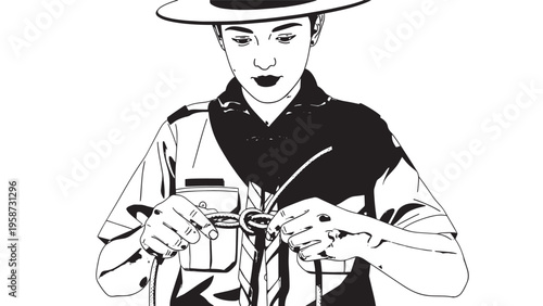 Illustration of a person sewing with thread and needle in hand, wearing a hat.