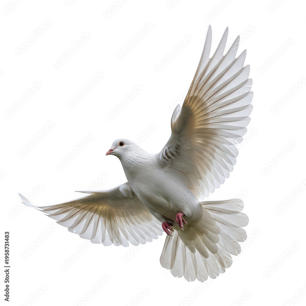Fototapeta premium Graceful white dove in mid-flight with outstretched wings