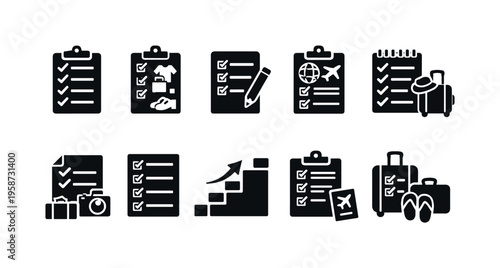 Collection of travel and planning checklist icons with various elements