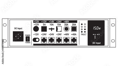 Rackmount DC power supply unit with front panel indicators, switches and display for server equipment.